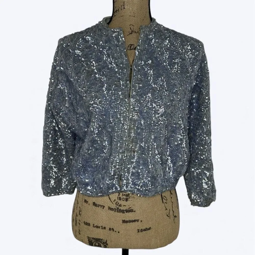 Vtg Euromasia Sequin Evening Bomber Style Jacket 42 (S) Formal British Hong Kong